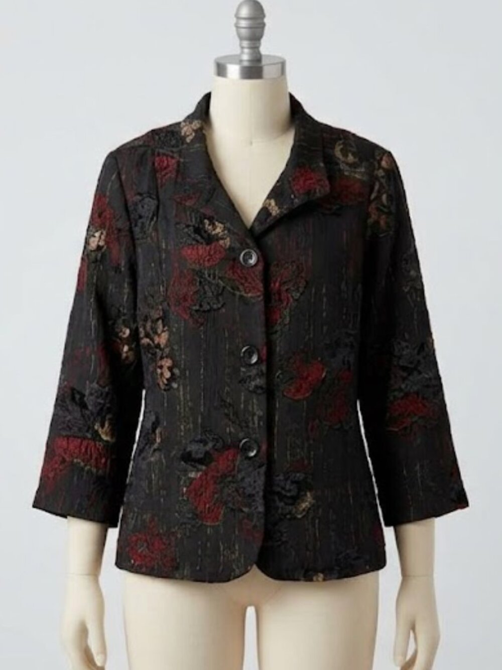 Analogy Abstract Floral Button Front Jacket Black Red Gold Size 1X Blazer